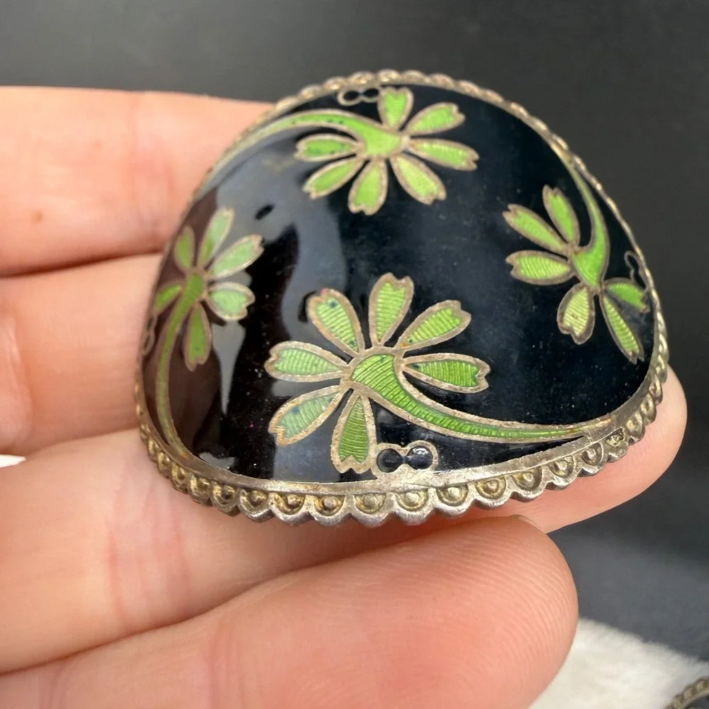 Vintage France Enamel Scarf Clips Black Green Floral Pair READ